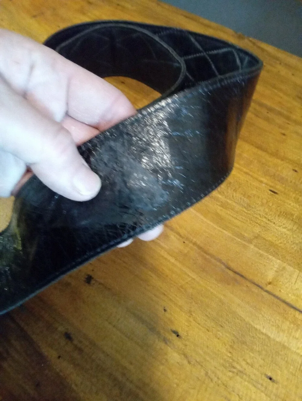 Vintage Black Soft Quilted Wide Band Leather Belt with Gold Ring Buckle